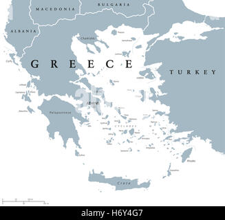 Carte politique de la Grèce avec un capital plus important avec Athènes, péninsules et d'îles, avec des frontières nationales et des voisins. Banque D'Images