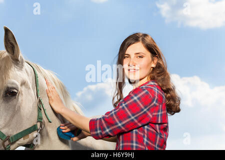 Portrait of young woman brushing un beau cheval Banque D'Images