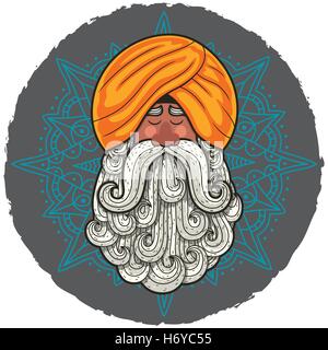 Portrait caricature de gourou indien avec de grandes barbes. Illustration de Vecteur