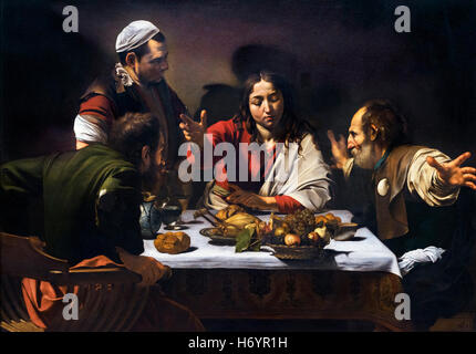 Le souper à Emmaüs, Caravaggio, huile sur toile, 1601. Banque D'Images