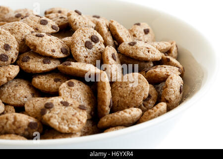 Détail de bol de céréales au chocolat sur blanc. Banque D'Images