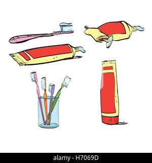 Ensemble rétro de l'hygiène dentaire, dentifrice et brosse à dents Illustration de Vecteur