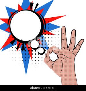 Signe de main retro style pop art bande dessinée rond blanc bulle. Les gestes d'accord. Cartoon vector bd bulle de couleur Dot hand drawn Illustration de Vecteur