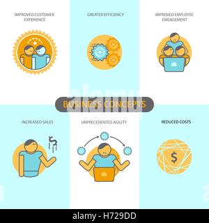 Les icônes de la ligne ensemble avec des éléments de conception à plat des concepts commerciaux, l'amélioration de l'expérience client, une plus grande efficacité, l'engagement des employés, l'augmentation des ventes, de l'agilité sans précédent, une réduction des coûts. Pictogramme vectoriel concept collection moderne Illustration de Vecteur