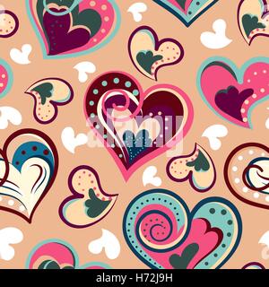 Avec motif romantique sans couture main coloré attire les cœurs. Coeurs colorés sur fond clair. Vector illustration. Illustration de Vecteur