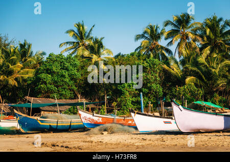 Bateaux de pêche en bois sur plage de Morjim avec palmiers, Nord de Goa Inde Banque D'Images