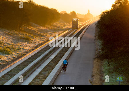 Plus de Cambridgeshire, Royaume-Uni, 2 novembre 2016. Une visite guidée en bus en direction de Cambridge comme le soleil se lève sur les pistes d'un clair et net, frosty matin d'automne. L'air clair et première gelée d'automne dans l'Est de l'UK jeter une lumière dorée sur le trajet du matin. Julian crédit Eales/Alamy Live News Banque D'Images