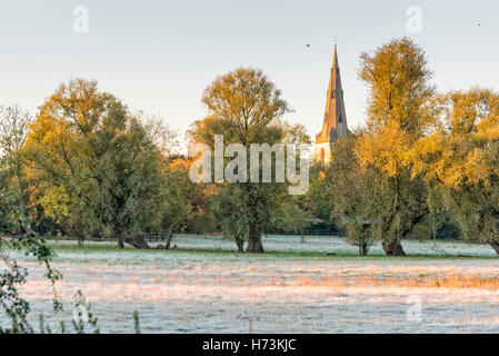 Overcote Cambridgeshire, Royaume-Uni, 2 novembre 2016. Le clocher de l'église de St Mary brille dans la lumière du matin situé dans frosty meadows comme le soleil se lève sur une claire et nette, frosty matin d'automne. Après un léger sort c'est le premier gel d'automne dans l'Est du Royaume-Uni. Julian crédit Eales/Alamy Live News Banque D'Images