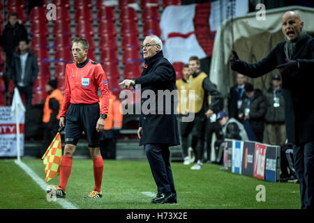 Danemark, Copenhague, 2 novembre 2016. Leicester City manager Claudio Ranieri vu au cours de l'UEFA Champions League match du groupe G entre le FC Copenhague et Leicester City à Telia Parken. Banque D'Images