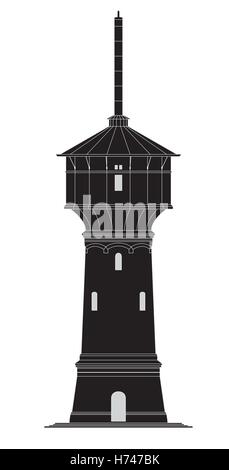 Silhouette noire et blanche d'un ancien château d'eau Illustration de Vecteur