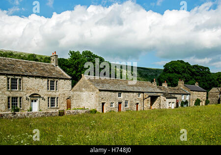 Village d'arnecliff dans littondale Yorkshire Dales en été, montrant une rangée de maisons en pierre le long de la verte. Banque D'Images