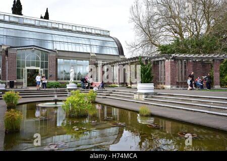 Auckland Domain Wintergardens cour avec des fontaines et un étang. Banque D'Images