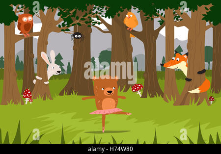 Ballet d'Ours et ses amis : fox, bunny, oiseaux, spider, regarder sa danse dans la forêt. Illustration enfants mignon Banque D'Images