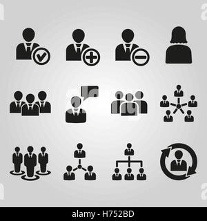 L'icône de gestion, série de 12 icônes. Et l'équipe de groupe, d'équipe, personnes, symbole de l'alliance. L'ASSURANCE-CHÔMAGE. Web. Logo. Signe. Modèle plat. App. Illustration de Vecteur