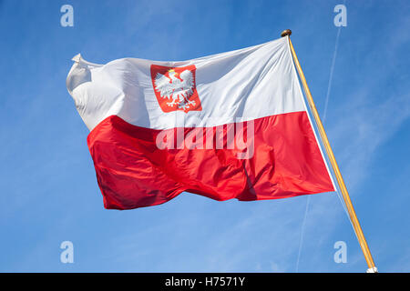 Drapeau national polonais dans le ciel. Banque D'Images