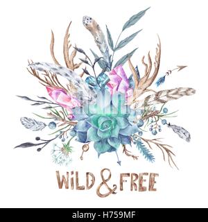 Peint à la main créative de style tribal imprimer avec de succulents, plumes et cristaux sur fond blanc Banque D'Images