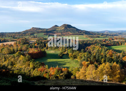 Scott, un point de vue dans la région des Scottish Borders surplombant la vallée de la rivière Tweed, avec l'Eildon Hills au-delà. Banque D'Images