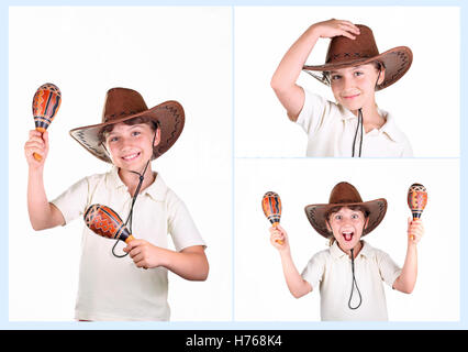 Ensemble de photos girl in a Brown Mexican Hat avec les maracas sur fond blanc Banque D'Images