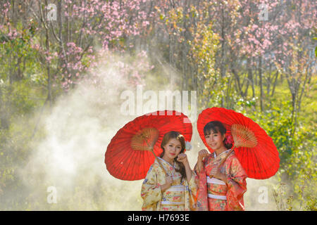 Deux femmes avec des parasols portant des kimono japonais traditionnel Banque D'Images