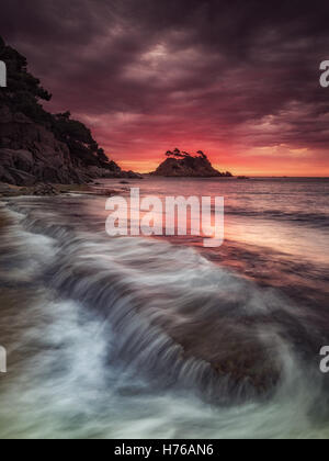 Lever de soleil sur plage, Gérone, Costa Brava, Espagne Banque D'Images