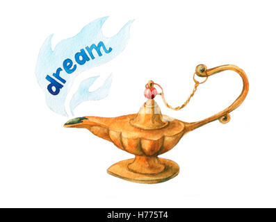 Illustration de l'aquarelle à la main d'Aladdin lampe genie magique sur fond blanc. Banque D'Images
