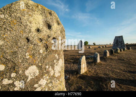 Pierre Viking Ship cimetière de Gettlinge, Oland, au sud-est de la Suède, Suède, Scandinavie Banque D'Images