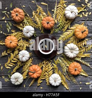 Les citrouilles, les feuilles d'automne et tasse de café Banque D'Images