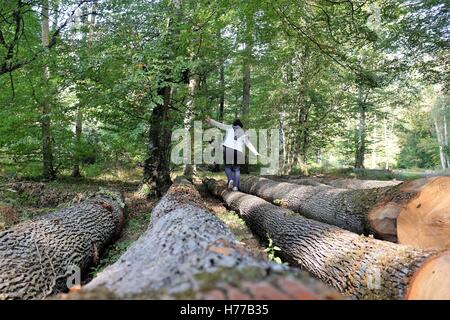 Femme marche le long d'un tronc d'arbre, Poitiers, France Banque D'Images