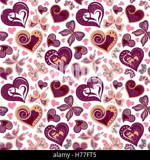 Valentine transparent coloré avec motif vintage papillons, fleurs et coeurs. Vector Illustration de Vecteur