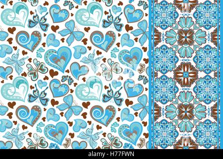 Ensemble de valentines floral background avec des coeurs, papillon et homogène, à la frontière de la bande de ruban de bande. Modèle rétro Illustration de Vecteur