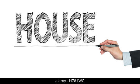House écrit à la main, la main sur l'administration transparente, photo Banque D'Images