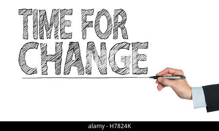 L'heure du changement écrit par main, main écrit le conseil transparent, photo Banque D'Images