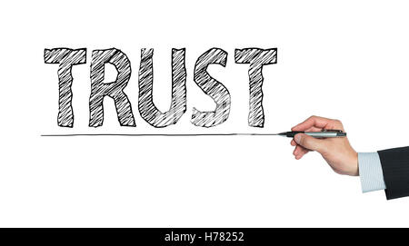 Trust écrit à la main, la main sur la photo, transparent Banque D'Images