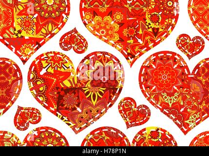Modèle transparent avec des coeurs patchwork rouge. Belle valentine avec éléments d'époque. Vector illustration. Illustration de Vecteur