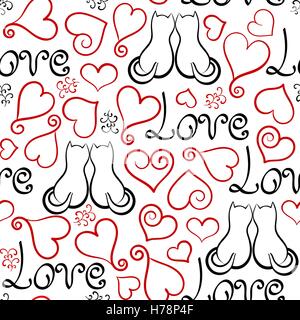 Grunge vector seamless pattern avec coeurs peints à la main, le lettrage et les chats. La texture pour web, print, papier d'emballage de Jour de Valentines, carte d'invitation de mariage, fond tissu, textile, décoration, papier cadeau romantique Illustration de Vecteur