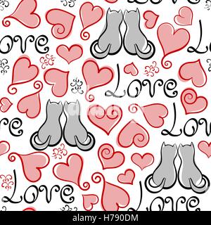 Grunge vector seamless pattern avec coeurs peints à la main, le lettrage et les chats. La texture pour web, print, papier d'emballage de Jour de Valentines, carte d'invitation de mariage, fond tissu, textile, décoration, papier cadeau romantique Illustration de Vecteur