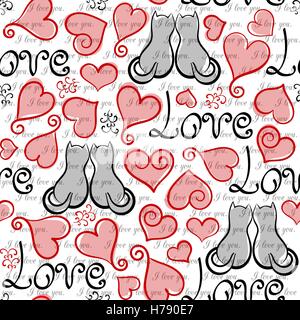 Vector hand drawn line rouge, noir et blanc, lettrage et les chats coeurs fond transparent Illustration de Vecteur