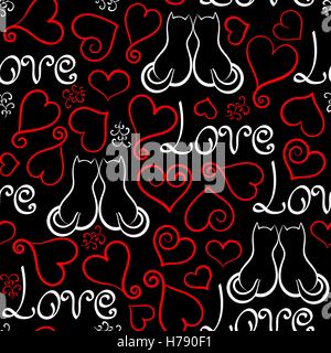 Vector hand drawn line rouge, noir et blanc, lettrage et les chats coeurs fond transparent Illustration de Vecteur