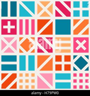 Seamless Vector carré géométrique motif irrégulier Carrelage Quilt en rose bleu et orange Illustration de Vecteur
