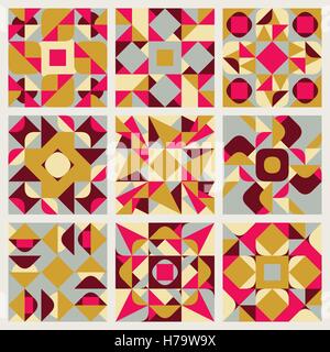 Ensemble de neuf Seamless Vector Rose jaune blanc carré ethnique géométrique rétro Collection Pattern Quilt Illustration de Vecteur