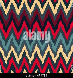 Seamless Vector Tan Rouge Couleurs Bleu Marine Peint Main rugueuse motif de lignes en ZigZag Illustration de Vecteur