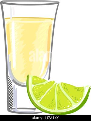 Golden tequila dans un verre avec une tranche de citron vert isolé sur fond blanc Illustration de Vecteur