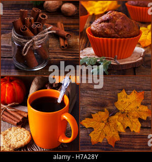 La vie toujours avec collage d'automne muffins citrouille,cookies, café et cannelle Banque D'Images