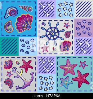 Marine transparente modèle dans le style patchwork avec des coquilles de mer roue et l'ancre. Graphique magnifique arrière-plan de la mer. Ensemble de fond marin transparent. Illustration de Vecteur