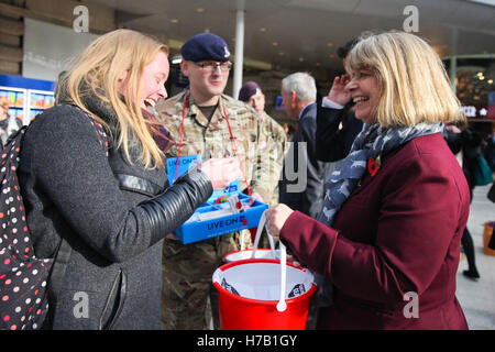 La gare de Waterloo, Londres, Royaume-Uni 3 Nov 2016 - Harriett Baldwin MP Sous-secrétaire d'État parlementaire et ministre de l'approvisionnement de la Défense. Rencontre des ministres de la défense des membres des Forces armées à la gare de Waterloo, la collecte de l'appel de pavot au profit de la Royal British Legion. Credit : Dinendra Haria/Alamy Live News Banque D'Images