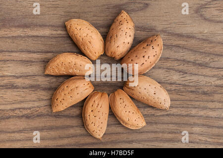 Amandes brutes dans leurs coquilles disposées en cercle sur un fond de bois avec l'exemplaire de l'espace pour votre texte Banque D'Images