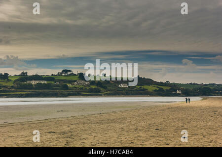 Deux amis se promener au loin sur une belle plage près de Clonakilty, Irlande avec une île comme settlement comme arrière-plan. Banque D'Images