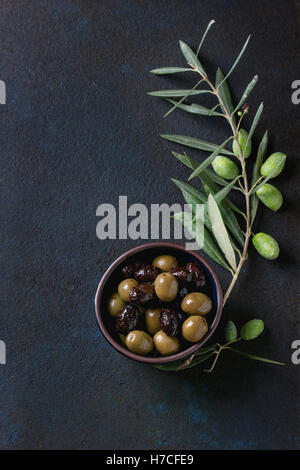 Bol d'olives vertes et noires avec de jeunes oliviers branche sur fond de texture noire. Vue de dessus avec l'espace pour le texte Banque D'Images