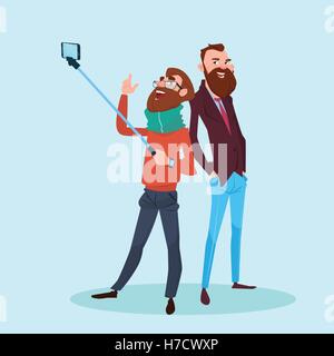 Deux Man Taking Photo Selfies sur Smart Phone avec bâton à plat Vector Illustration Illustration de Vecteur