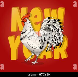 Illustration vecteur de coq. L'inscription Bonne Année sur fond rouge. Coq symbole de 2017 sur le calendrier oriental. Illustration de Vecteur